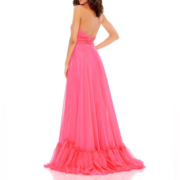 Mac Duggal Neon Hot Pink High Neck Sleeveless Tiered Chiffon Halter Gown 67816 - Picture 6 of 12